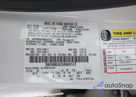 2010 Mercury Milan Premier from USA, damaged, VIN 3MEHM0JA2AR604552